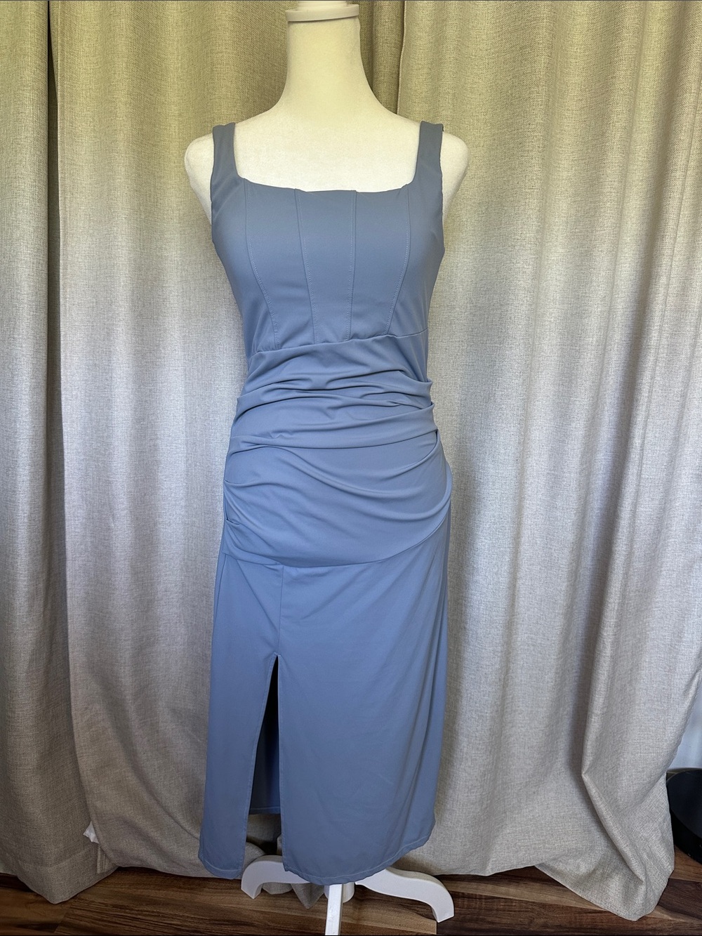 HALARA Slate Blue Square-Neck Ruched Midi Dress